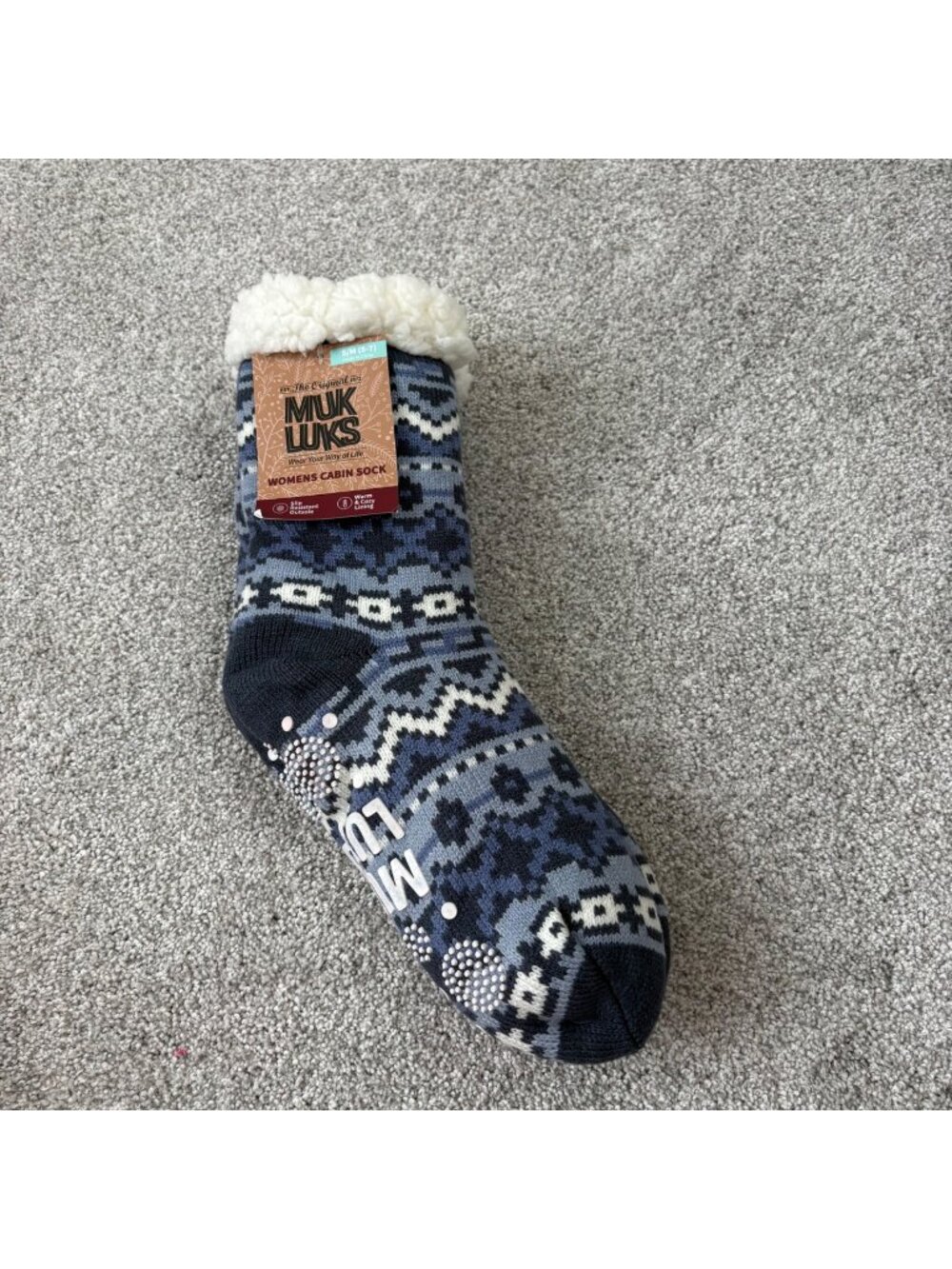 Muk Luks Womens Cabin Socks Denim S/M Anti-Slip Sole Warm Sherpa Lined New Blue
